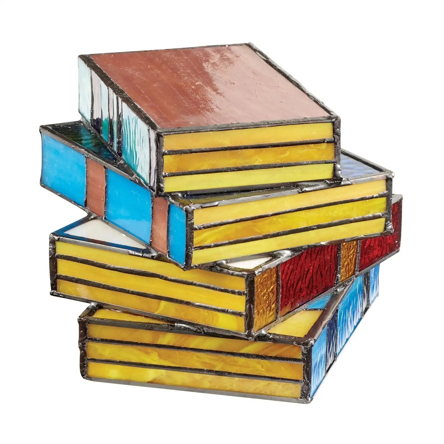 Tischlampe im Bücherstapel-Design mit Glasoptik