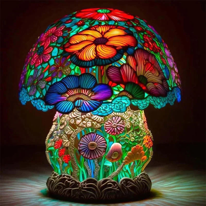 Bunte Pilz-Tischlampe mit floraler Glaskunst