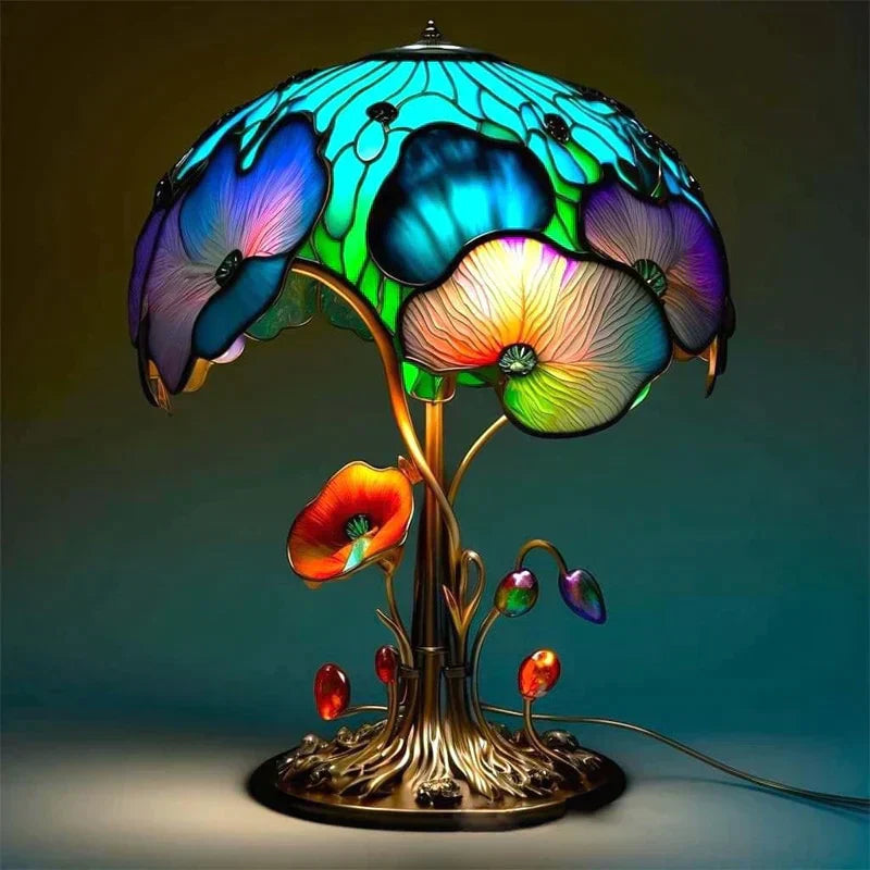 Bunte Pilz-Tischlampe mit floraler Glaskunst