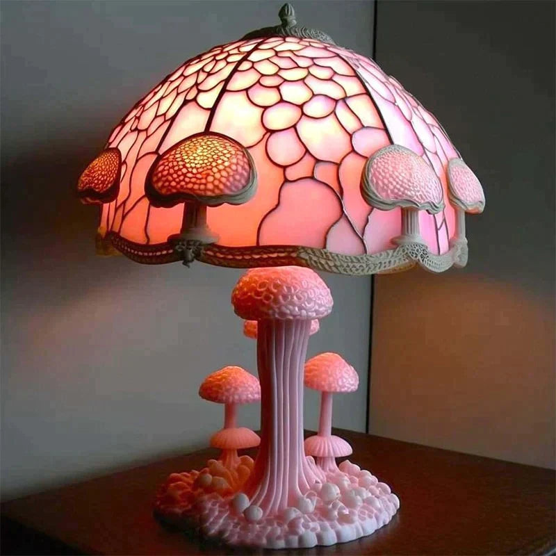 Bunte Pilz-Tischlampe mit floraler Glaskunst
