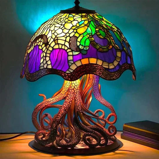 Bunte Pilz-Tischlampe mit floraler Glaskunst