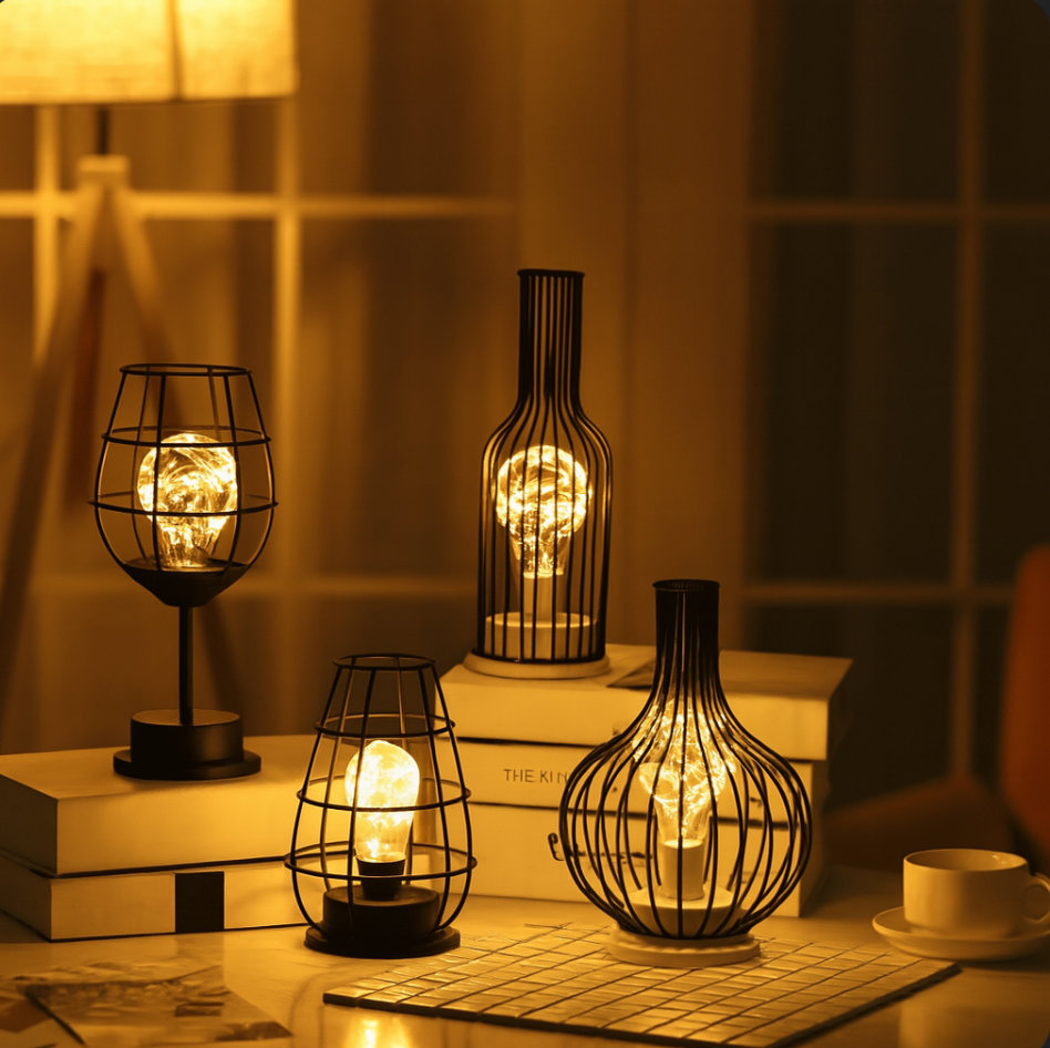 Tischlampe im Käfigdesign mit warmem Licht