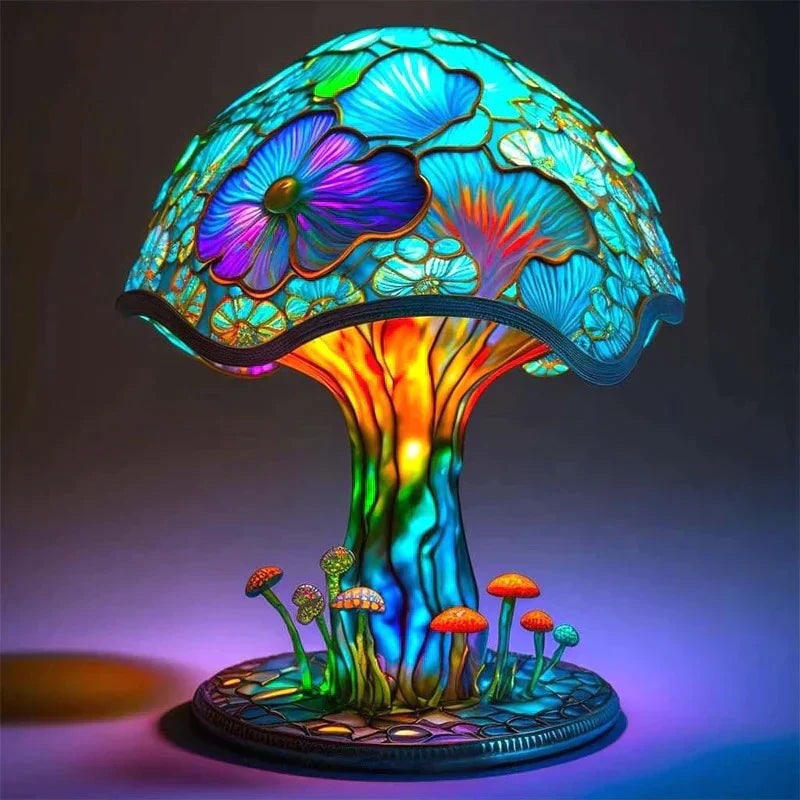 Bunte Pilz-Tischlampe mit floraler Glaskunst